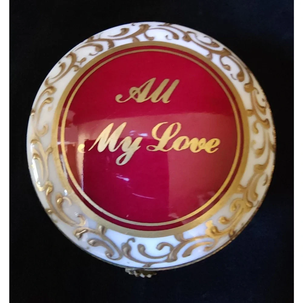 Vintage Limoges France Porcelain All My Love Dubarry Round Red Trinket Box Rare